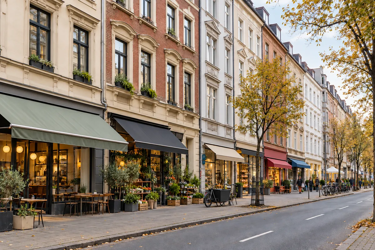 Häuserzeile an einer traditionellen Einkaufsstraße in Düsseldorf-Oberbilk mit Läden und kleinen Lokalen im Erdgeschoss und Wohnungen in den Obergeschossen