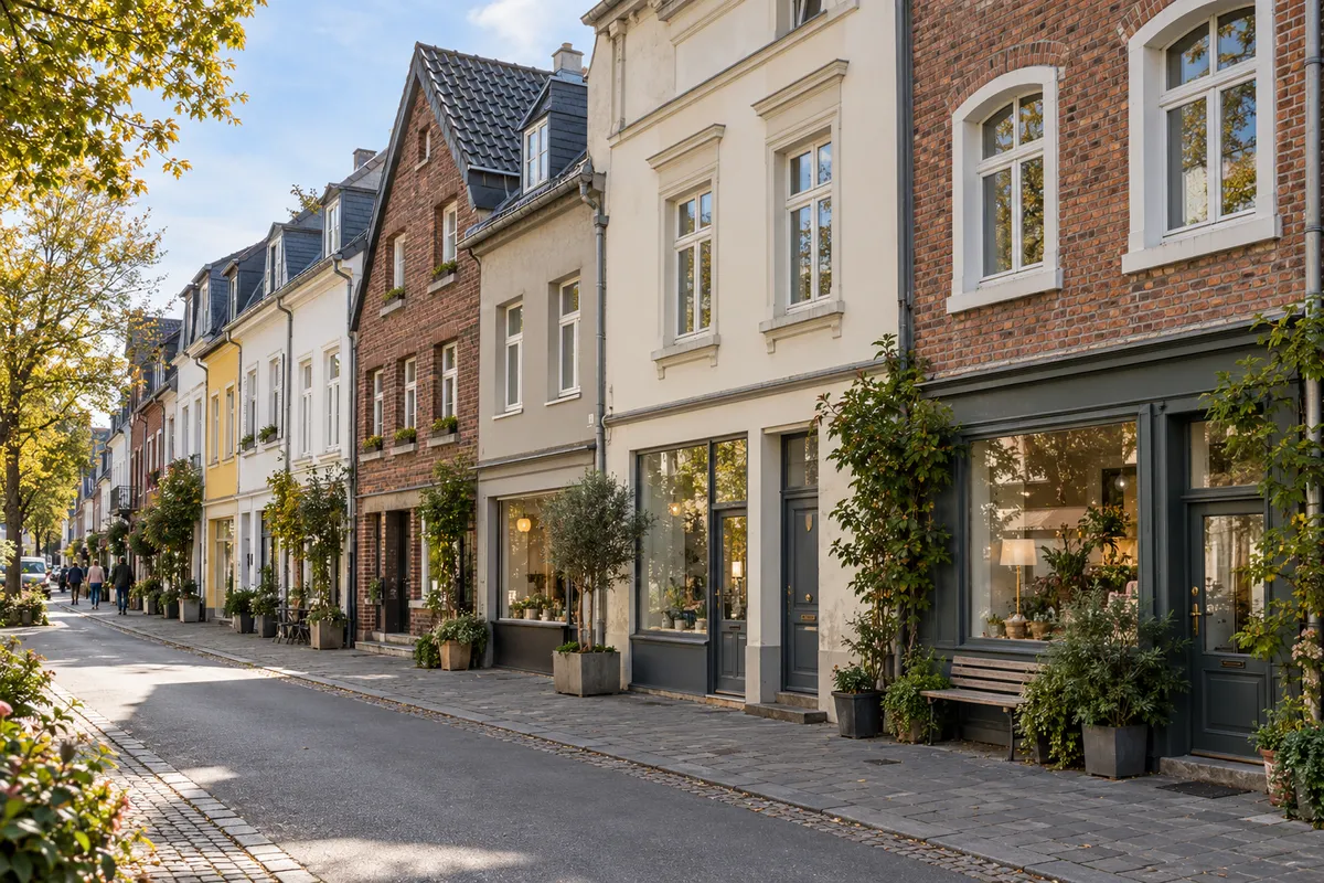 Schmale Wohn- und Geschäftshäuser unterschiedlicher Höhe mit kleinen Läden im Erdgeschoss im kleinteiligen historischen Ortskern von Düsseldorf-Gerresheim