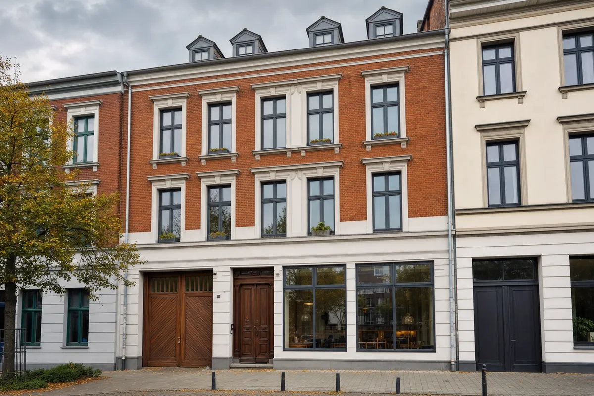 Wohn- und Kontorhaus aus dem 19. Jahrhundert mit Büro und Lagertor im Erdgeschoss und Wohnungen darüber, wie in Duisburg-Ruhrort