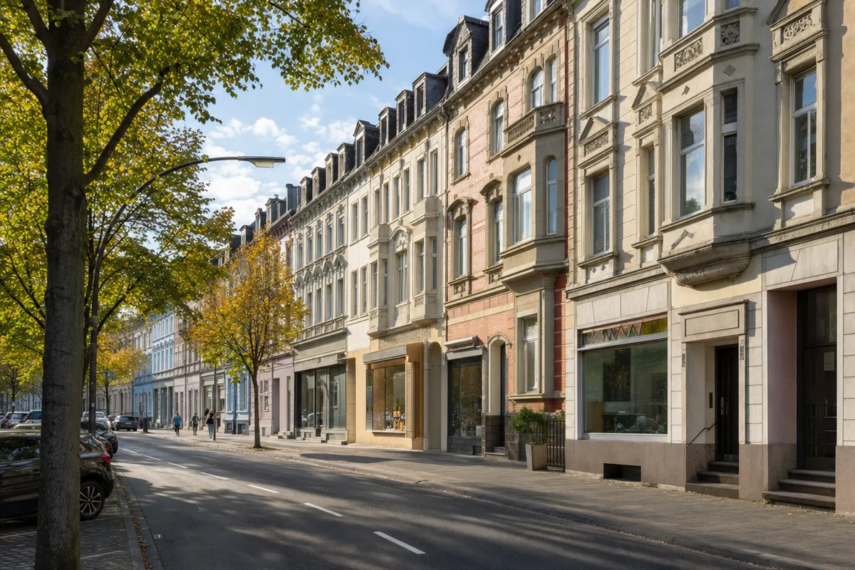 Einkaufsstraße eines gründerzeitlichen Arbeiterviertels mit Läden im Erdgeschoss und Wohnungen darüber, Motiv angelehnt an Duisburg-Hochfeld