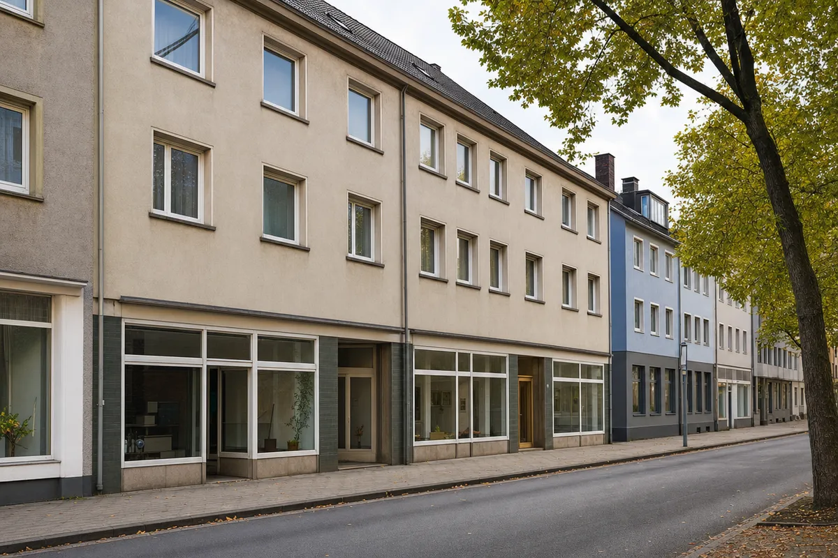 Geschäftshaus aus dem Wiederaufbau der 1950er Jahre mit Schaufenstern im Erdgeschoss und Wohnungen darüber, Motiv angelehnt an die Duisburger Innenstadt