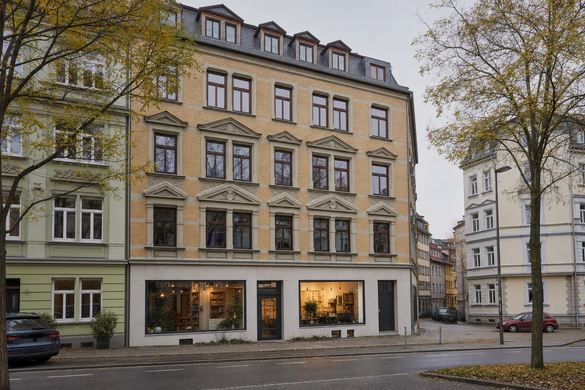Drei- bis viergeschossiges Wohn- und Geschäftshaus um 1900 mit kleinem Laden im Erdgeschoss und Wohnungen darüber, wie an der Erfurter Magdeburger Allee