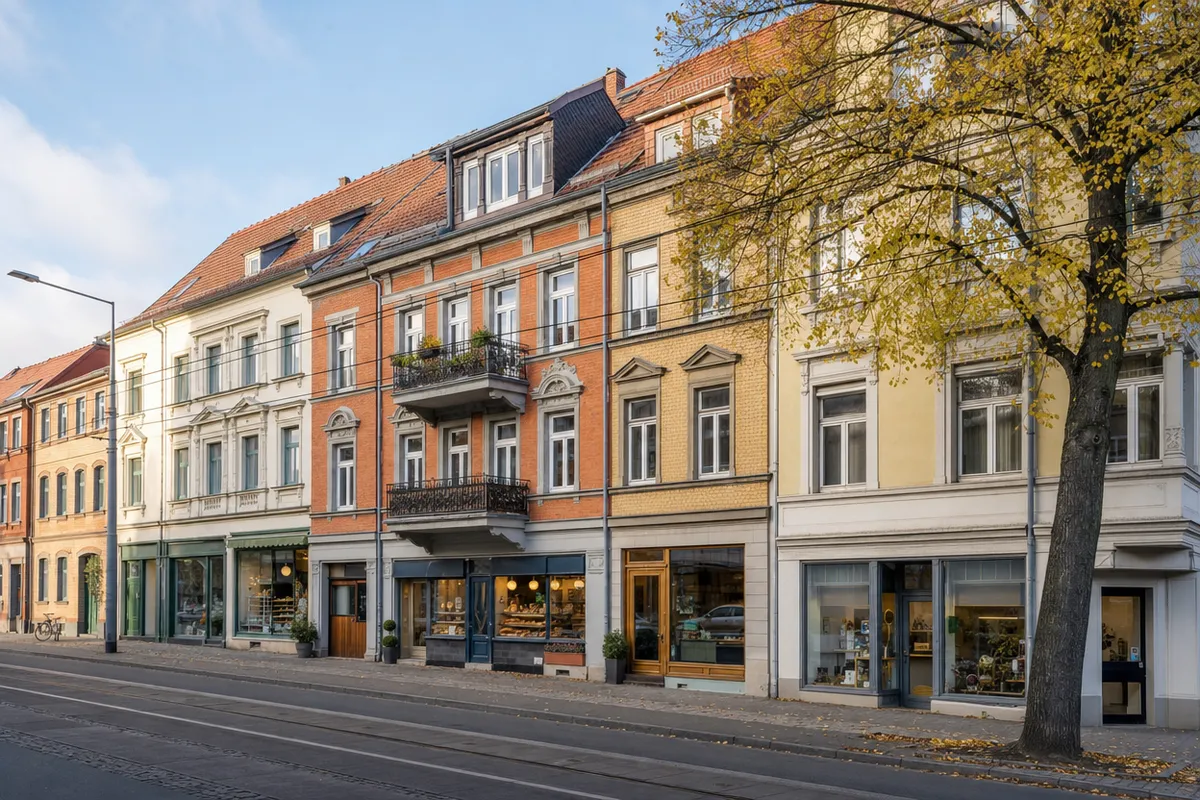 Straßenzug aus drei- und viergeschossigen Häusern um 1900 mit kleinen Läden und Gastronomie im Erdgeschoss, wie an der Magdeburger Allee in Erfurt