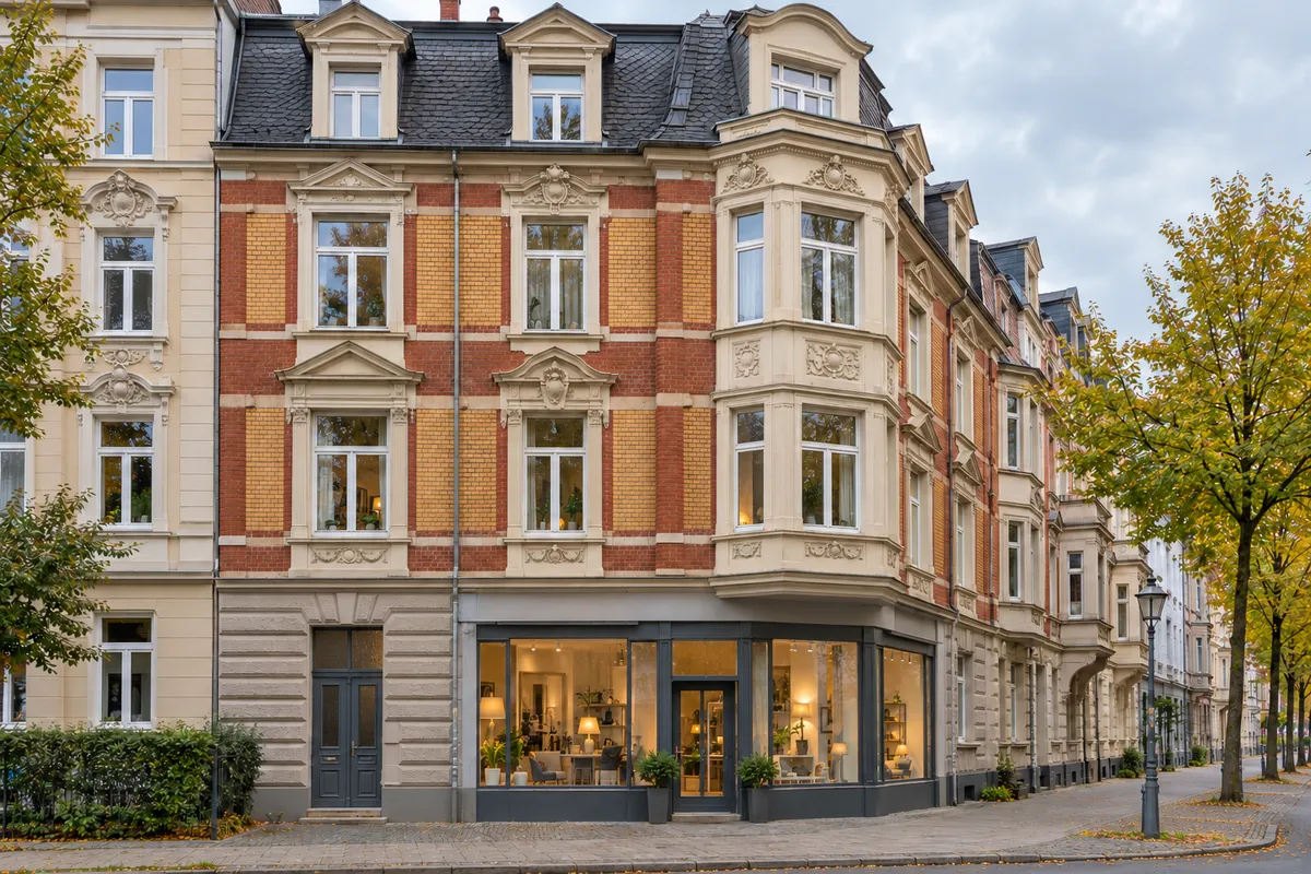 Gründerzeit-Wohn- und Geschäftshaus in Essen mit Fassade aus rotem und gelblichem Verblendziegel, Stuck, Erker und kleinem Laden im verputzten Sockelgeschoss