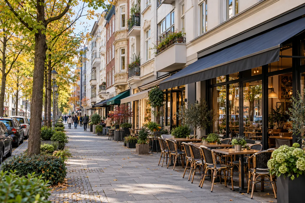 Geschäftsstraße mit Fachgeschäften, Cafés und Außengastronomie in den Erdgeschossen und Wohnungen darüber, wie an der Rüttenscheider Straße in Essen