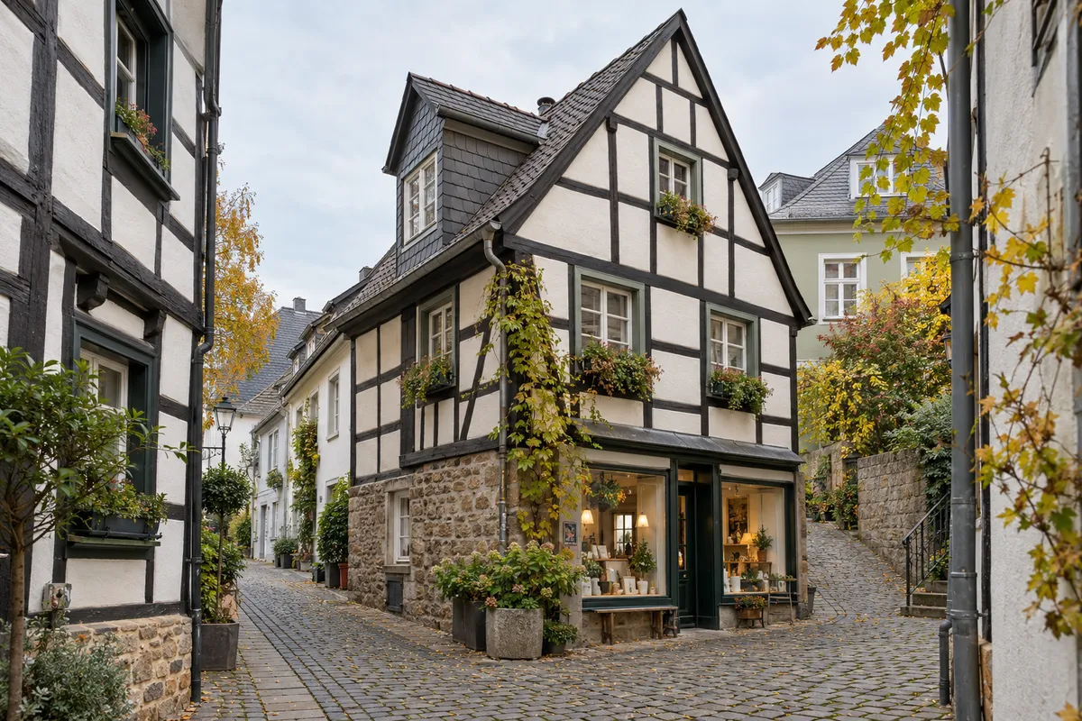 Fachwerkhaus mit kleinem Laden im Erdgeschoss in einer Fußgängerzone, wie in der historischen Ortsmitte von Essen-Werden