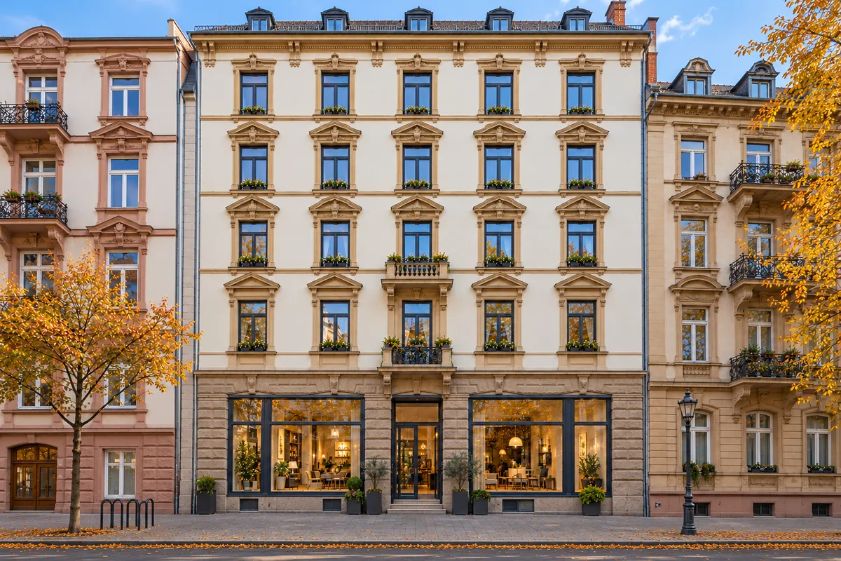 Fünfgeschossiges Gründerzeithaus mit heller Putzfassade, Sandsteingesimsen und Laden im Erdgeschoss, typisch für die Frankfurter Innenstadtviertel