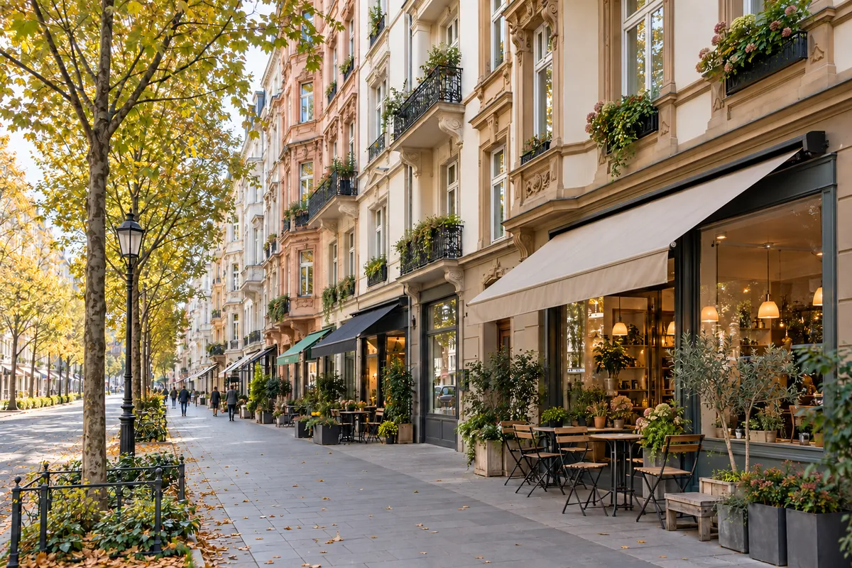 Geschlossene Häuserzeile mit Läden und Cafés im Erdgeschoss und Wohnungen darüber, wie an der Berger Straße in Frankfurt-Bornheim