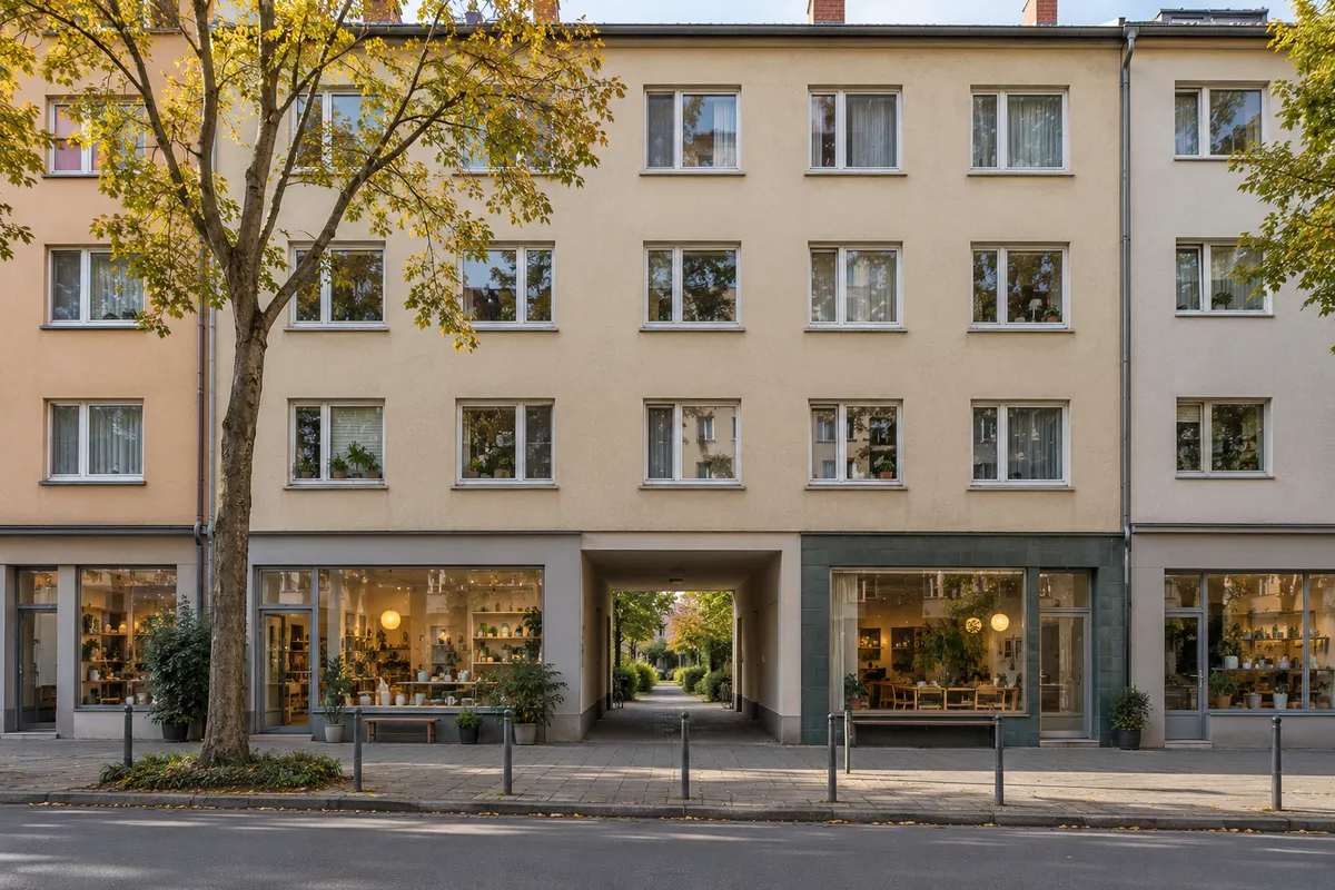 Schlichter Zeilenbau aus dem Frankfurter Wiederaufbau der 1950er mit Putzfassade, Ladenfront im Erdgeschoss und begrüntem Innenhof