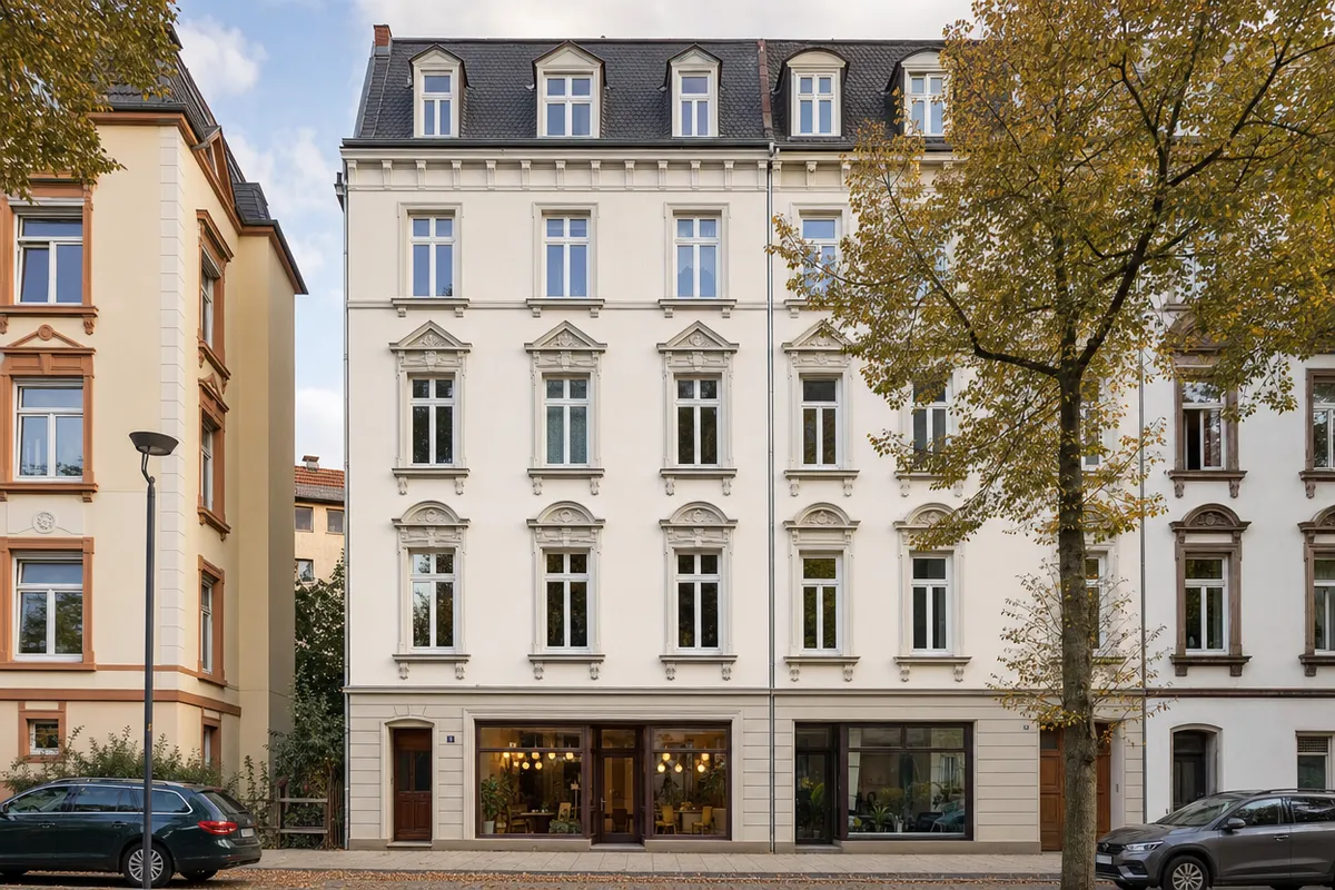 Gründerzeitliches Wohn- und Geschäftshaus mit heller Putzfassade, Bauzier und Mansarddach, Laden im Erdgeschoss, typisch für die Freiburger Wiehre