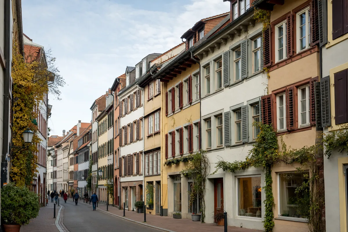 Gasse in der Freiburger Altstadt mit schmalen, dreigeschossigen Putzhäusern, Fensterläden, steilen Biberschwanzdächern und Läden im Erdgeschoss