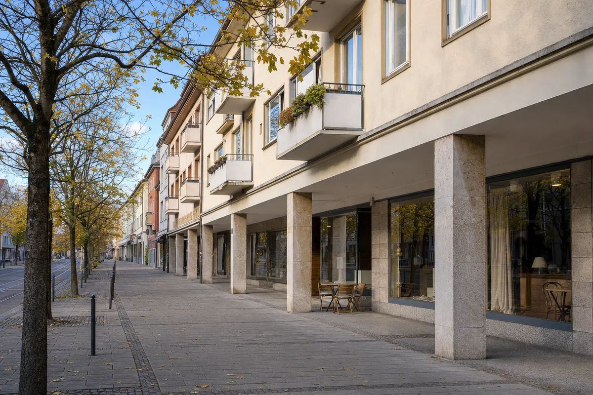 Nachkriegsbau mit Laubengang vor den Schaufenstern und verputzten Obergeschossen, wie ihn der Wiederaufbau an der Freiburger Kaiser-Joseph-Straße brachte
