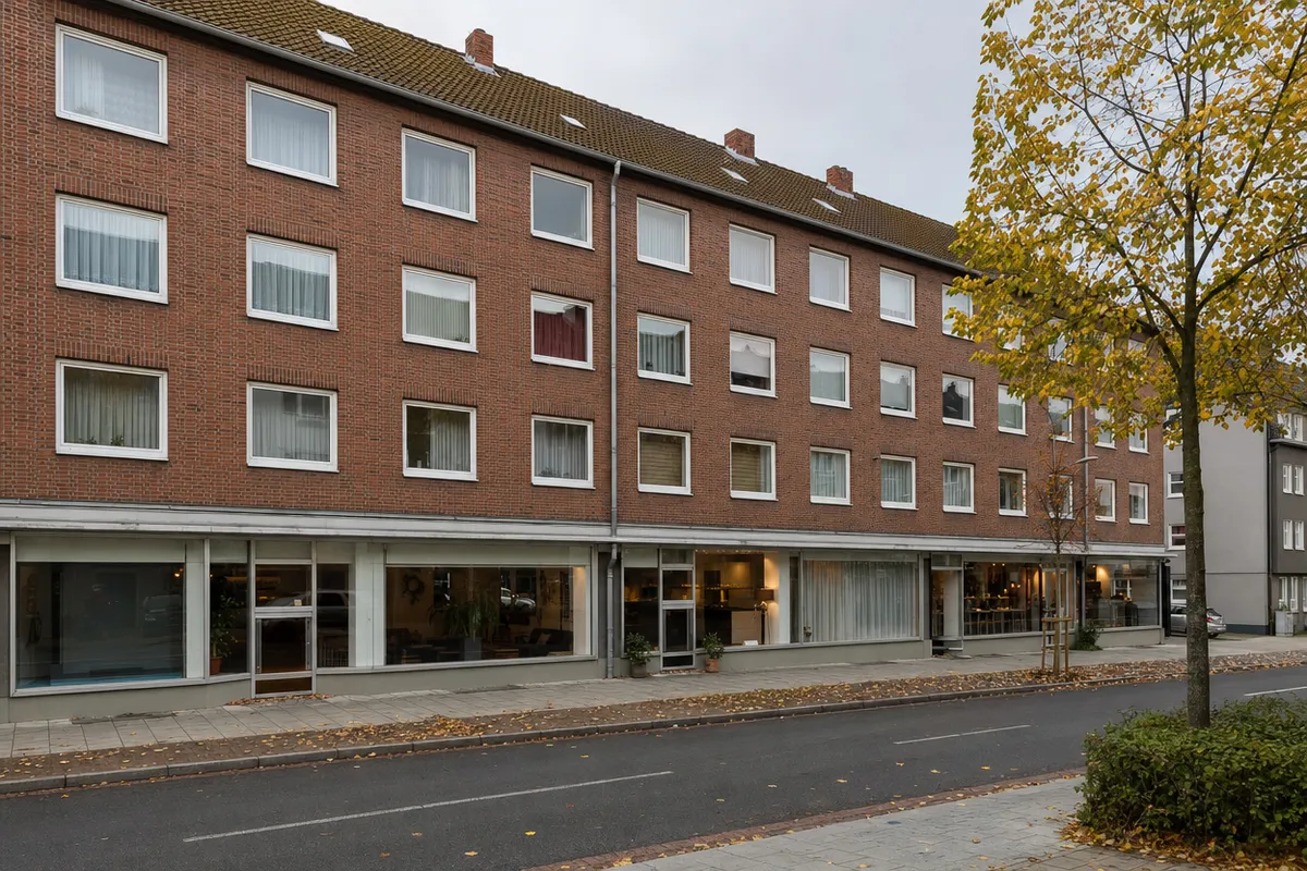 Wohn- und Geschäftshaus der 1950er Jahre mit rotem Ziegelverblendmauerwerk und Schaufensterfront, wie an der Hauptstraße in der Gelsenkirchener City