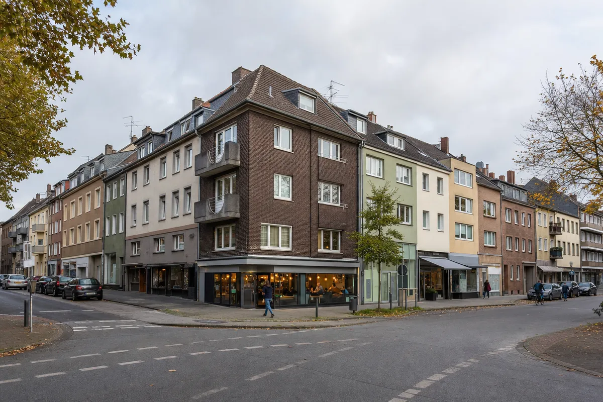 Straßenecke mit Backstein- und Putzhäusern der 1920er und 1950er Jahre, Läden im Erdgeschoss und Wohnungen darüber, wie in Gelsenkirchener Geschäftslagen