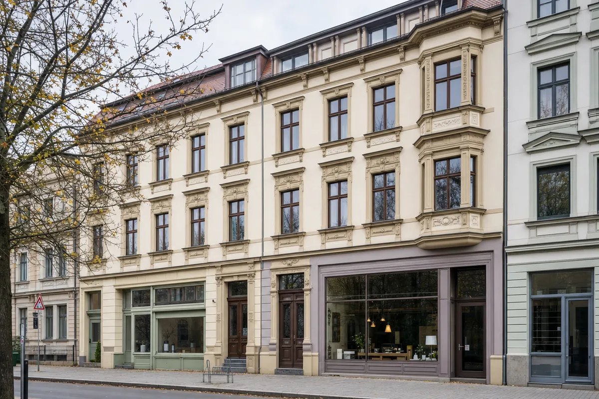 Gründerzeit-Wohn- und Geschäftshaus mit Putzfassade, Werksteingliederung, Erker und Laden im Erdgeschoss, typisch für die Nördliche Innenstadt von Halle