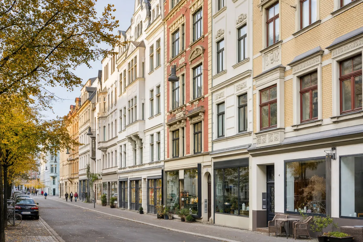 Geschäftsstraße in der Altstadt von Halle mit Gründerzeit- und Jugendstilhäusern, Läden hinter Schaufenstern im Erdgeschoss, Wohnungen darüber