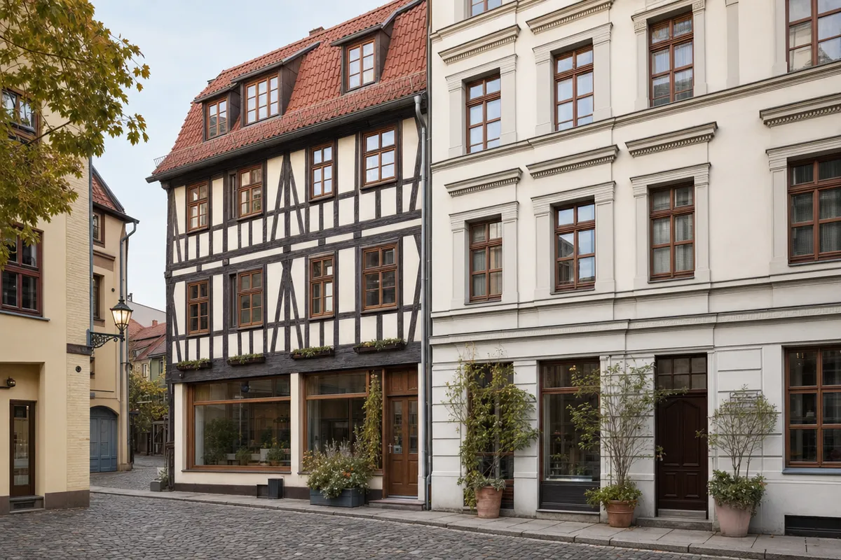 Fachwerkhaus neben klassizistischem Putzbau mit kleinen Läden im Erdgeschoss, wie in den alten Geschäftsstraßen der Altstadt von Halle