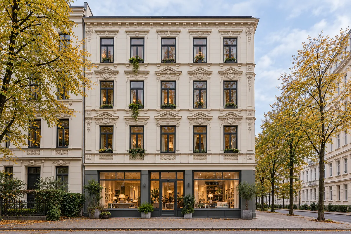 Gründerzeitliches Stadthaus mit Laden und Schaufenstern im Erdgeschoss, Wohnungen darüber, wie in Teilen von Hamburg-Eimsbüttel