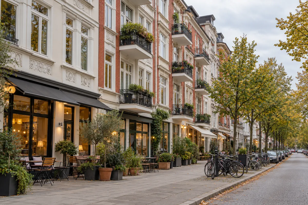 Einkaufsstraße in einem Hamburger Stadtteilzentrum mit mehrgeschossigen Häusern, Läden und Cafés im Erdgeschoss und Wohnungen in den Obergeschossen