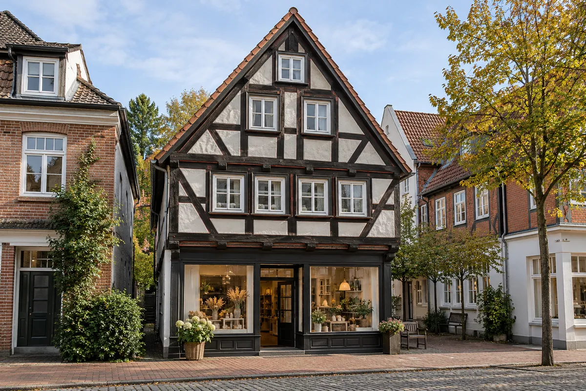 Fachwerkgiebelhaus mit sichtbarem Holzfachwerk, Ladengeschäft im Erdgeschoss und Wohnräumen darüber, typisch für das historische Bergedorf in Hamburg