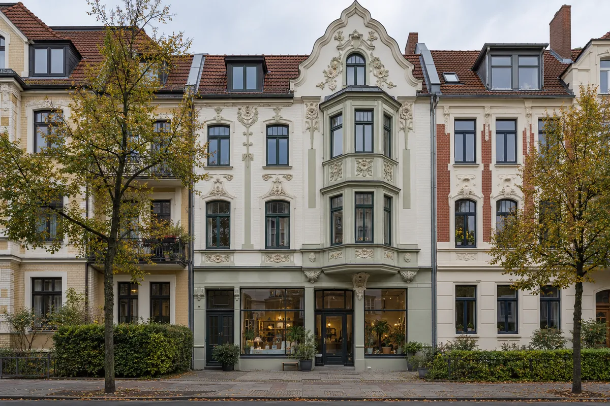 Viergeschossiges Wohn- und Geschäftshaus um 1900 mit Erker, Giebel und Jugendstilschmuck, Laden im Erdgeschoss, wie in der Hannoveraner List