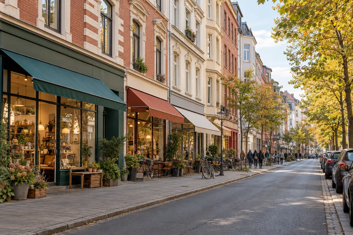 Geschlossene drei- bis viergeschossige Blockrandbebauung mit Läden in fast allen Erdgeschossen und Wohnungen darüber, wie an der Limmerstraße in Hannover