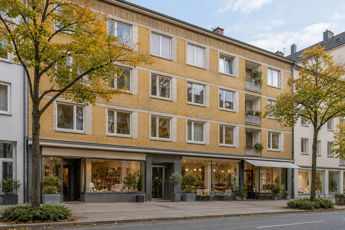 Wohn- und Geschäftshaus der Nachkriegsmoderne aus gelbem Backstein mit Beton und hellem Werkstein, Laden im Erdgeschoss, wie aus dem Wiederaufbau in Hannover