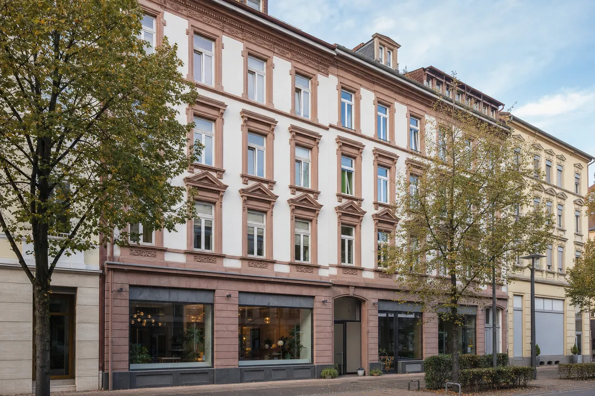 Fünfgeschossiges Gründerzeit-Wohn- und Geschäftshaus mit Neorenaissance-Fassade und Laden im Erdgeschoss, typisch für die Karlsruher Kaiserstraße