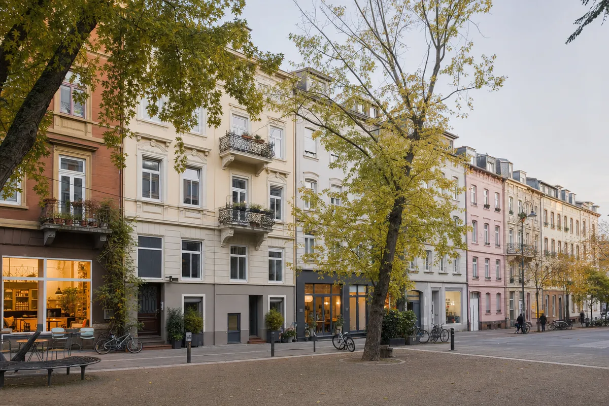 Gründerzeitliche Häuserzeile mit Ladenlokalen in den Erdgeschossen und Mietwohnungen darüber, wie rund um den Werderplatz in der Karlsruher Südstadt
