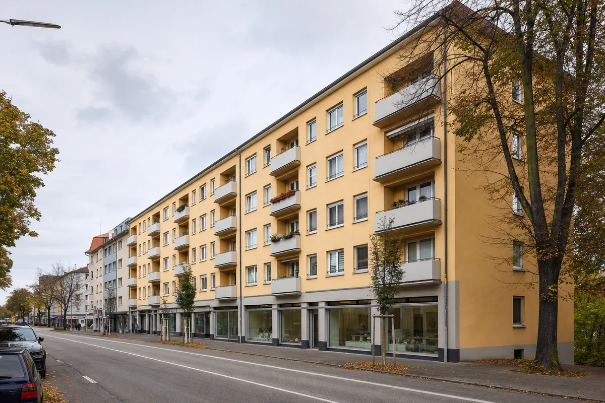 Fünfgeschossige Wohn- und Geschäftshauszeile der 1950er Jahre mit Geschäften im Erdgeschoss, wie am Entenfang in Karlsruhe-Mühlburg