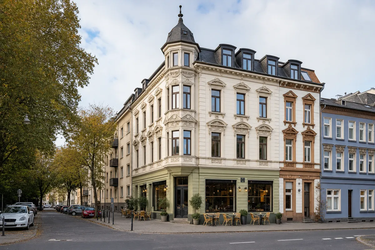 Gründerzeit-Wohn- und Geschäftshaus mit Stuckfassade, Erker und Café im Erdgeschoss, typisch für den Vorderen Westen in Kassel