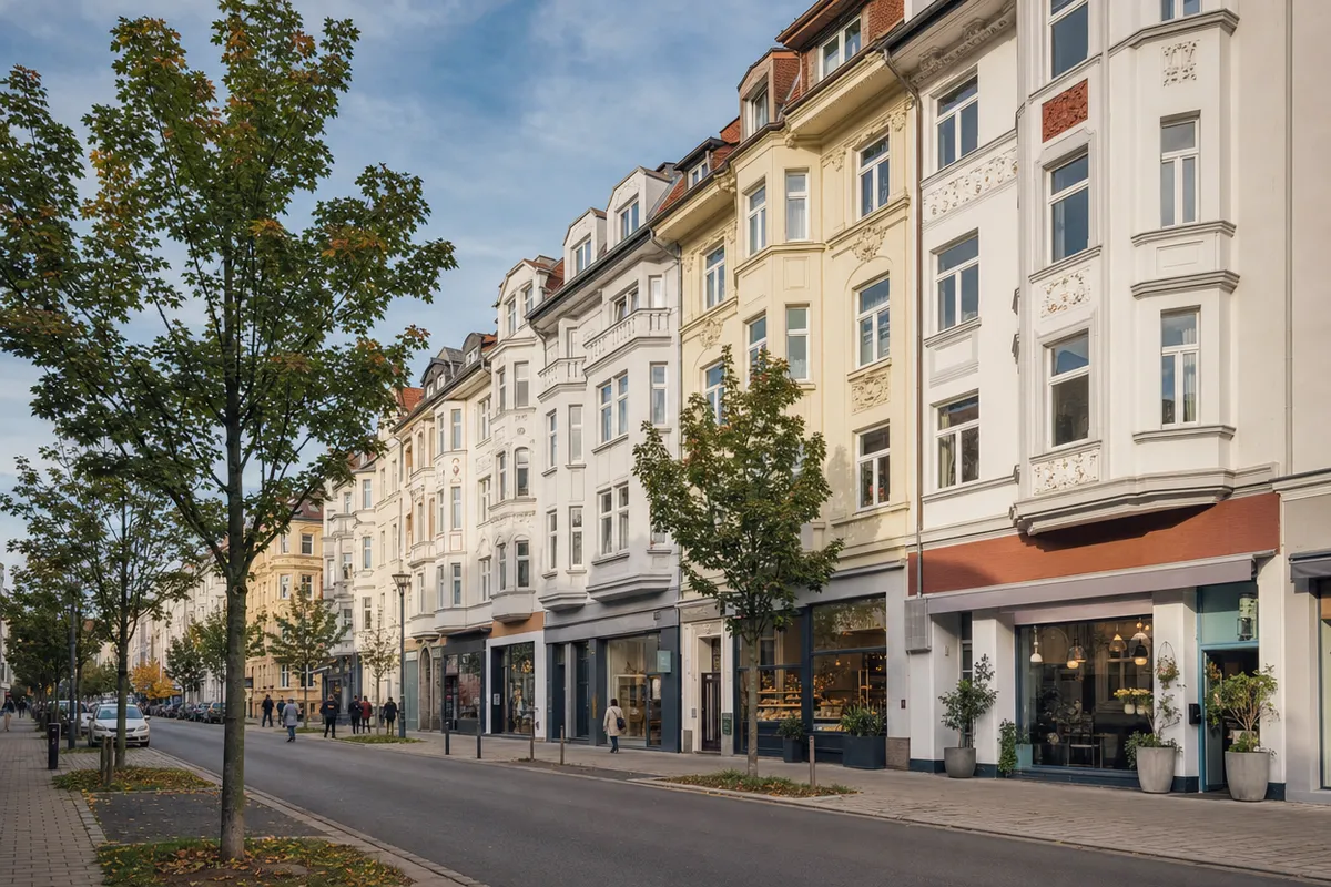 Straßenzug mit verputzten Altbauten der Jahrhundertwende, Läden im Erdgeschoss und Wohnungen darüber, wie an der Friedrich-Ebert-Straße in Kassel