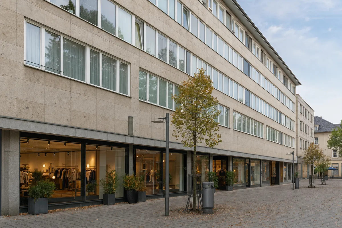 Nachkriegsbau der 1950er Jahre mit Werksteinfassade und Ladenzeile im Erdgeschoss, wie aus dem Wiederaufbau der Kasseler Innenstadt