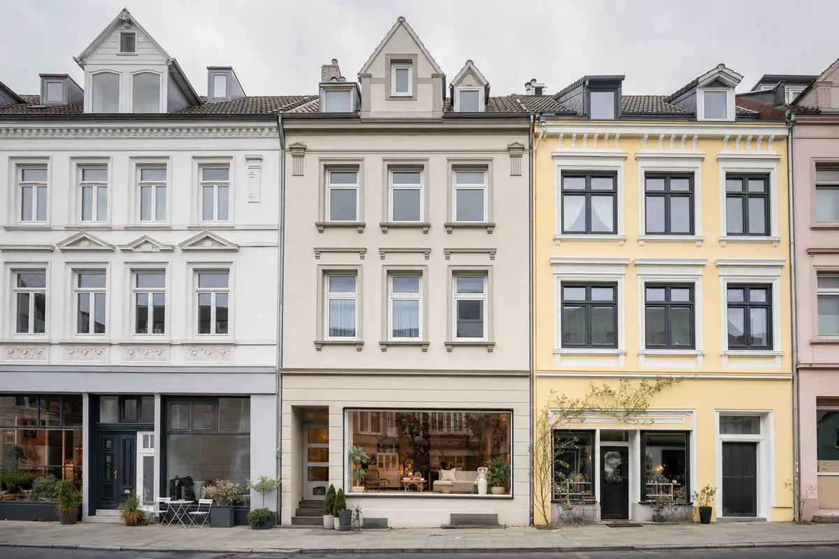 Viergeschossiges Wohn- und Geschäftshaus mit historisierender Putzfassade, Zwerchhaus, Gauben und Laden im Erdgeschoss, typisch für die Kieler Altstadt