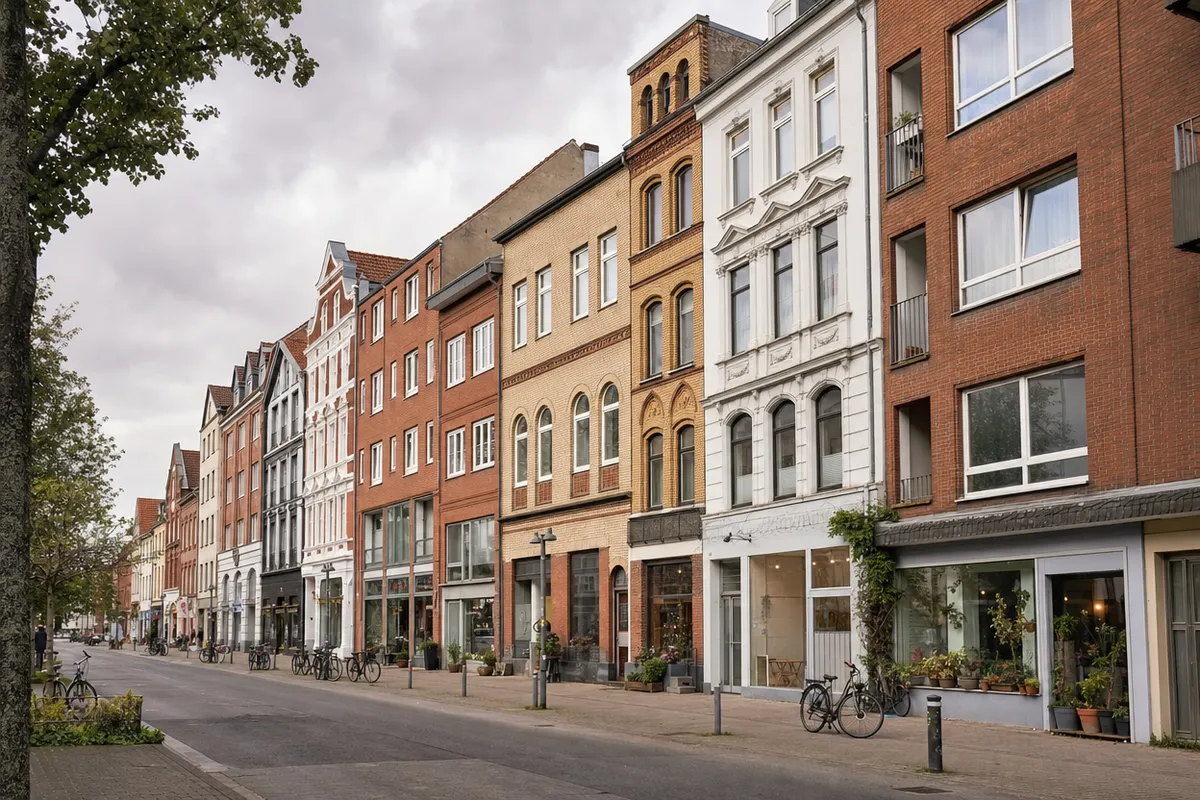 Straßenzug in Kiel-Gaarden mit gründerzeitlichen Altbauten und schlichten Nachkriegshäusern aus Backstein, Läden im Erdgeschoss und Wohnungen darüber