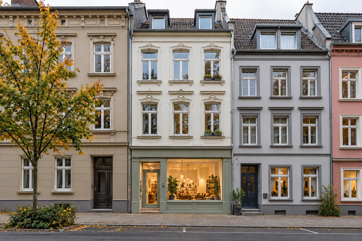 Schmales Dreifensterhaus mit Putzfassade, Stuckrahmen an den Fenstern und Laden im Erdgeschoss, wie es in Ehrenfeld und der Kölner Altstadt vorkommt