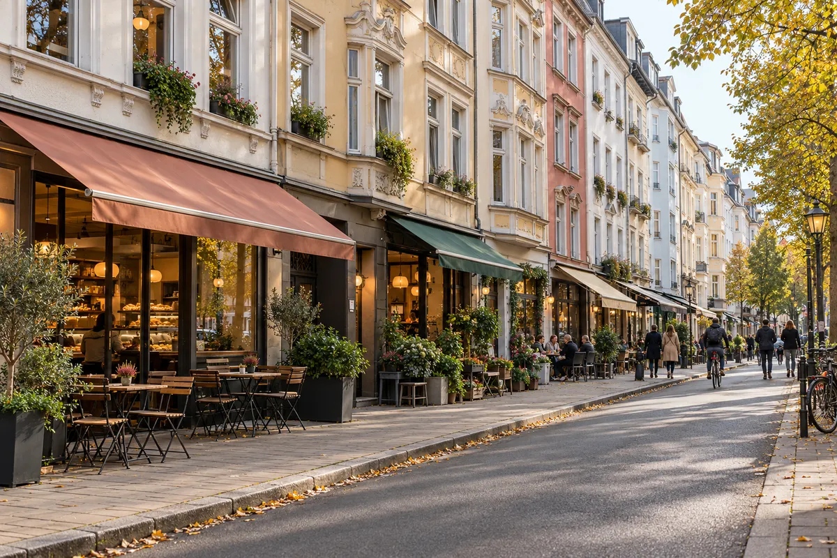 Gründerzeitliche Zeile aus zwei- bis dreigeschossigen, traufständigen Häusern mit Läden und Café im Erdgeschoss, typisch für die Neusser Straße in Köln-Nippes