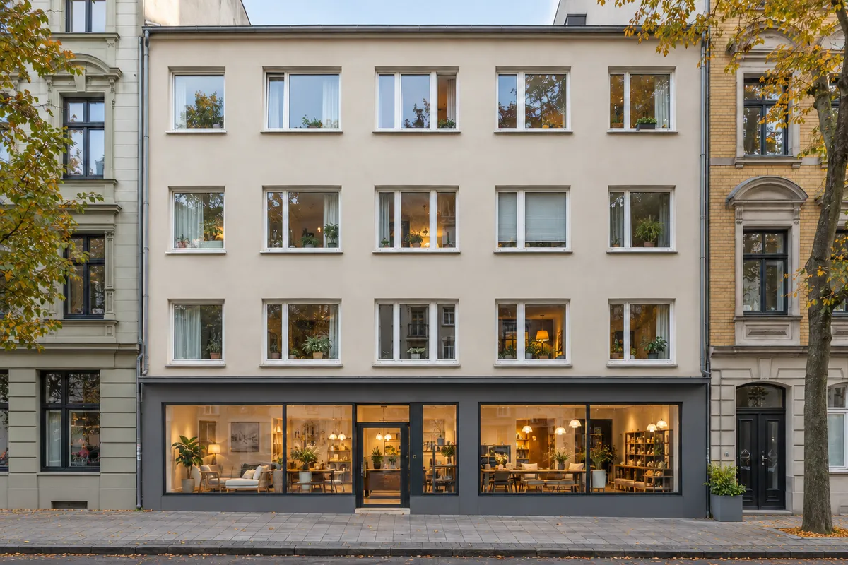 Schlichtes Wohn- und Geschäftshaus aus dem Wiederaufbau nach 1945 mit breitem Ladenlokal im Erdgeschoss und Wohnungen darüber in der Kölner Innenstadt