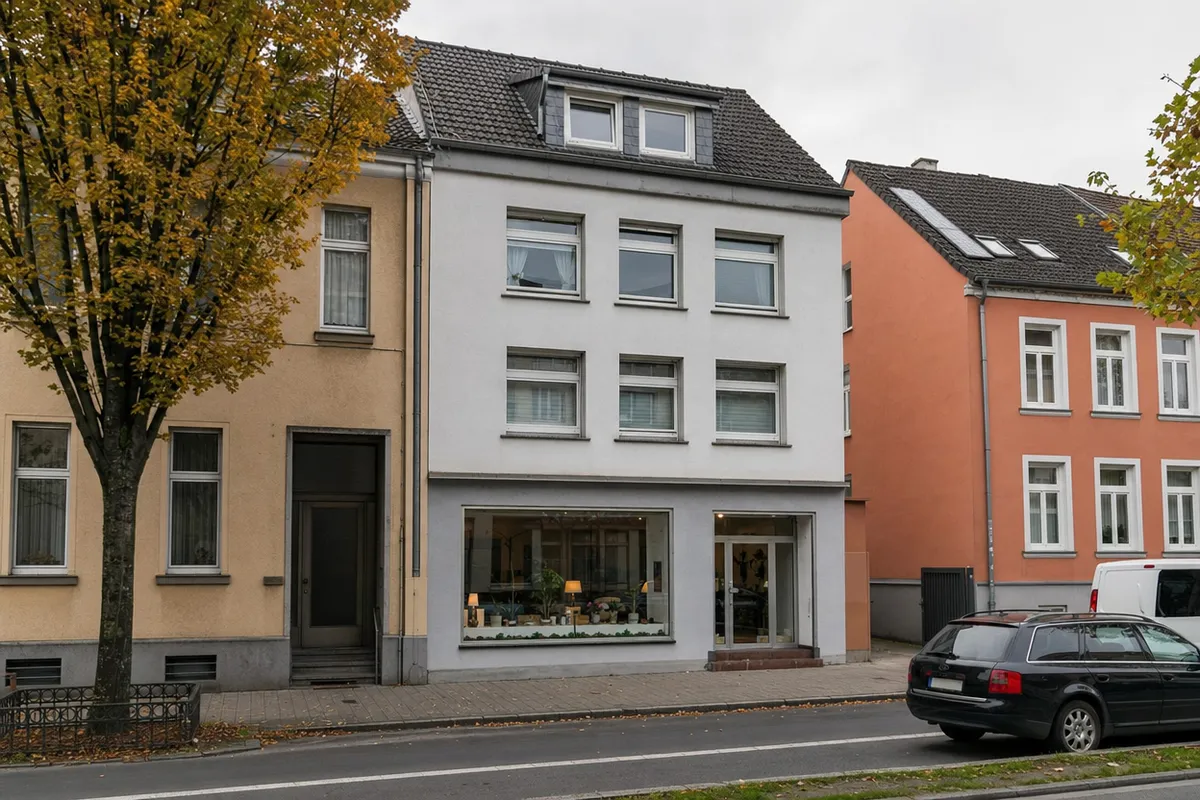 Wohn- und Geschäftshaus mit Laden hinter Schaufenster im Erdgeschoss und Wohnungen in den Obergeschossen, wie an der Kölner Straße in Krefeld-Fischeln