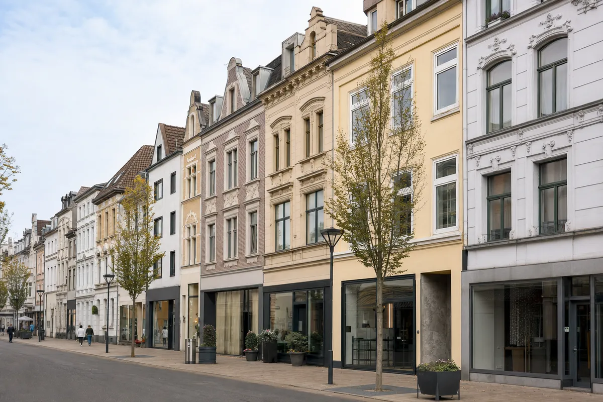 Fast geschlossene gründerzeitliche Häuserzeile an einer Geschäftsstraße, Läden im Erdgeschoss, Wohnungen darüber, wie die Krefelder Straße in Krefeld-Hüls