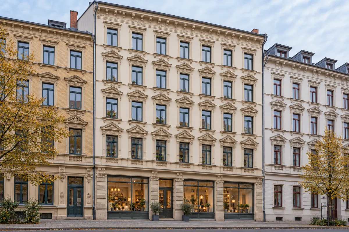 Gründerzeitliches Mietshaus mit Stuckfassade, Sandsteingliederung und Ladengeschäft im Erdgeschoss, typisch für die Leipziger Südvorstadt
