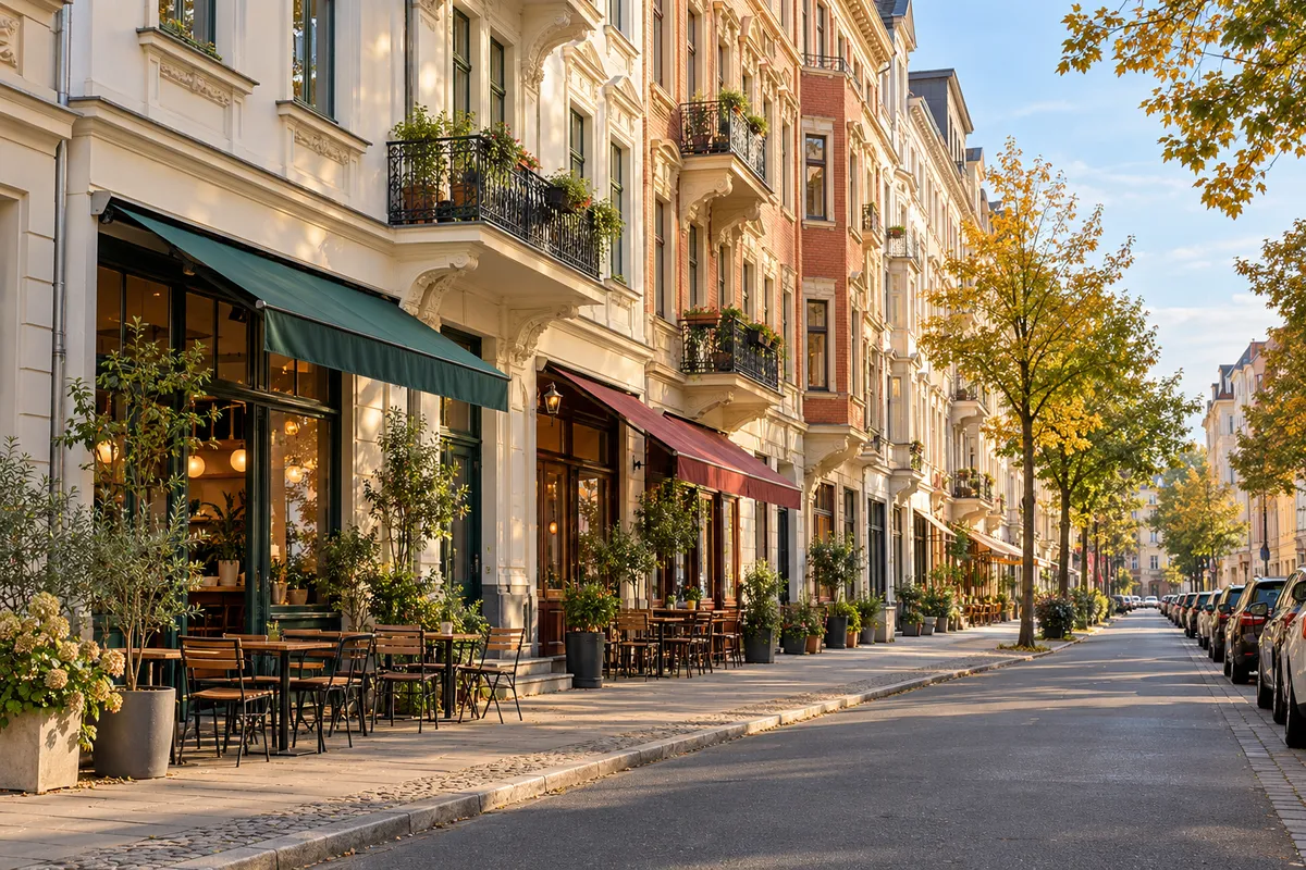 Straßenzug mit geschlossener Gründerzeitbebauung, Cafés und Läden im Erdgeschoss und Wohnungen darüber, wie an der Leipziger Karl-Liebknecht-Straße