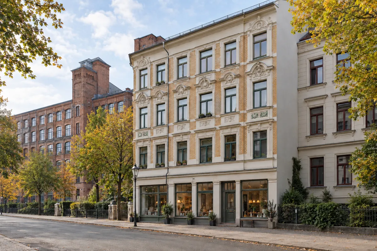 Gründerzeitliches Wohnhaus mit Jugendstilelementen und kleinem Laden im Erdgeschoss neben einem historischen Industriebau, wie in Leipzig-Plagwitz
