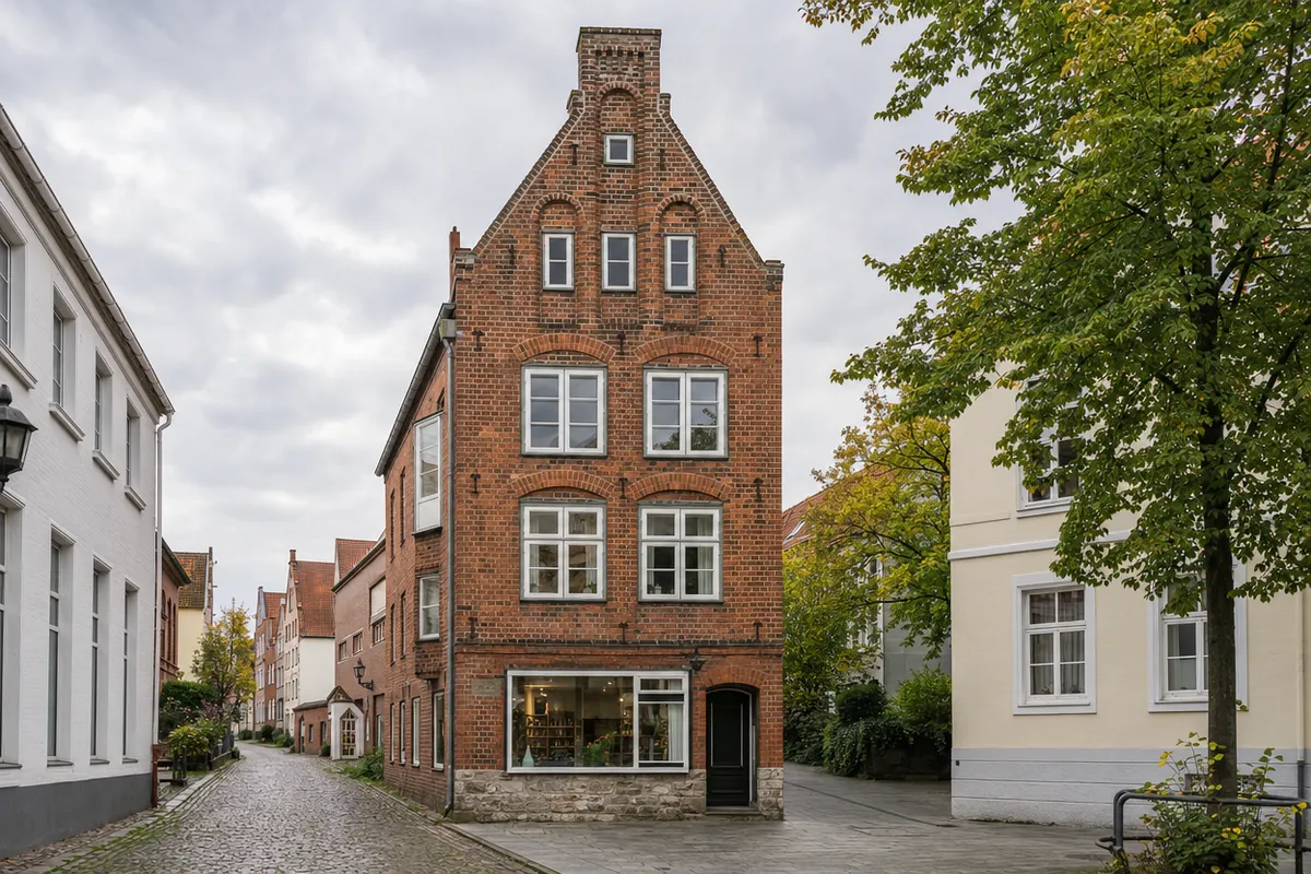 Backstein-Giebelhaus mit kleinem Laden im Erdgeschoss, Natursteinsockel und Wohnungen in den Obergeschossen, typisch für die Lübecker Altstadt