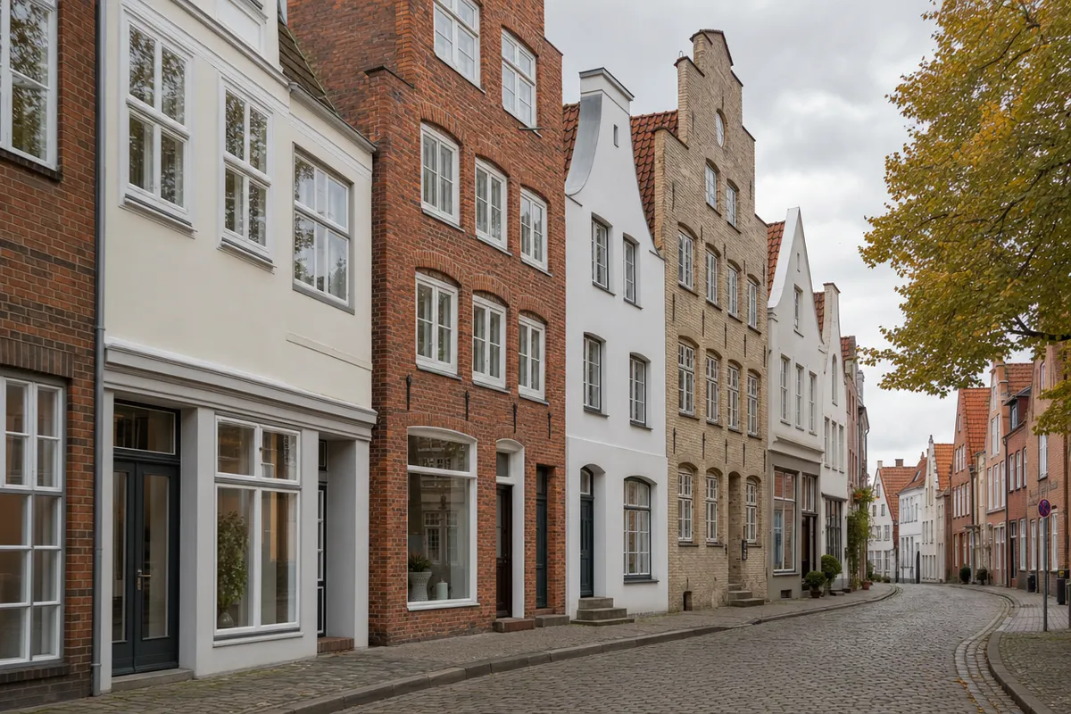 Straßenzug in der Lübecker Altstadt mit Giebel- und Traufenhäusern aus Backstein und Putz, Läden im Erdgeschoss und Wohnungen darüber