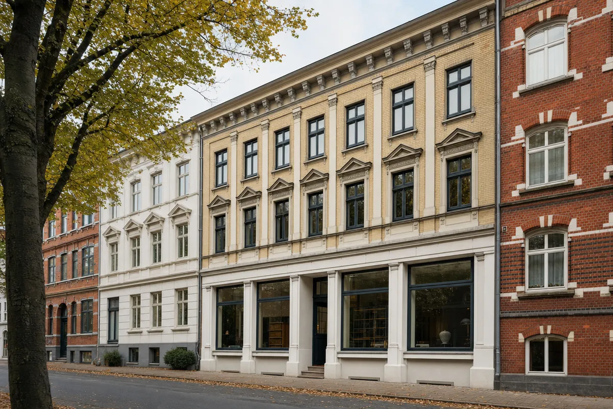 Gründerzeitliches Mietshaus in Lübeck-St. Lorenz-Süd mit deutlich abgesetzter Erdgeschosszone, Laden hinter großen Fenstern und kräftigem Traufgesims