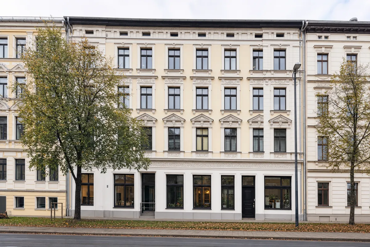 Stuckverziertes Gründerzeithaus mit Laden im Erdgeschoss und Wohnungen darüber, wie in der gründerzeitlich geprägten südlichen Innenstadt Magdeburgs