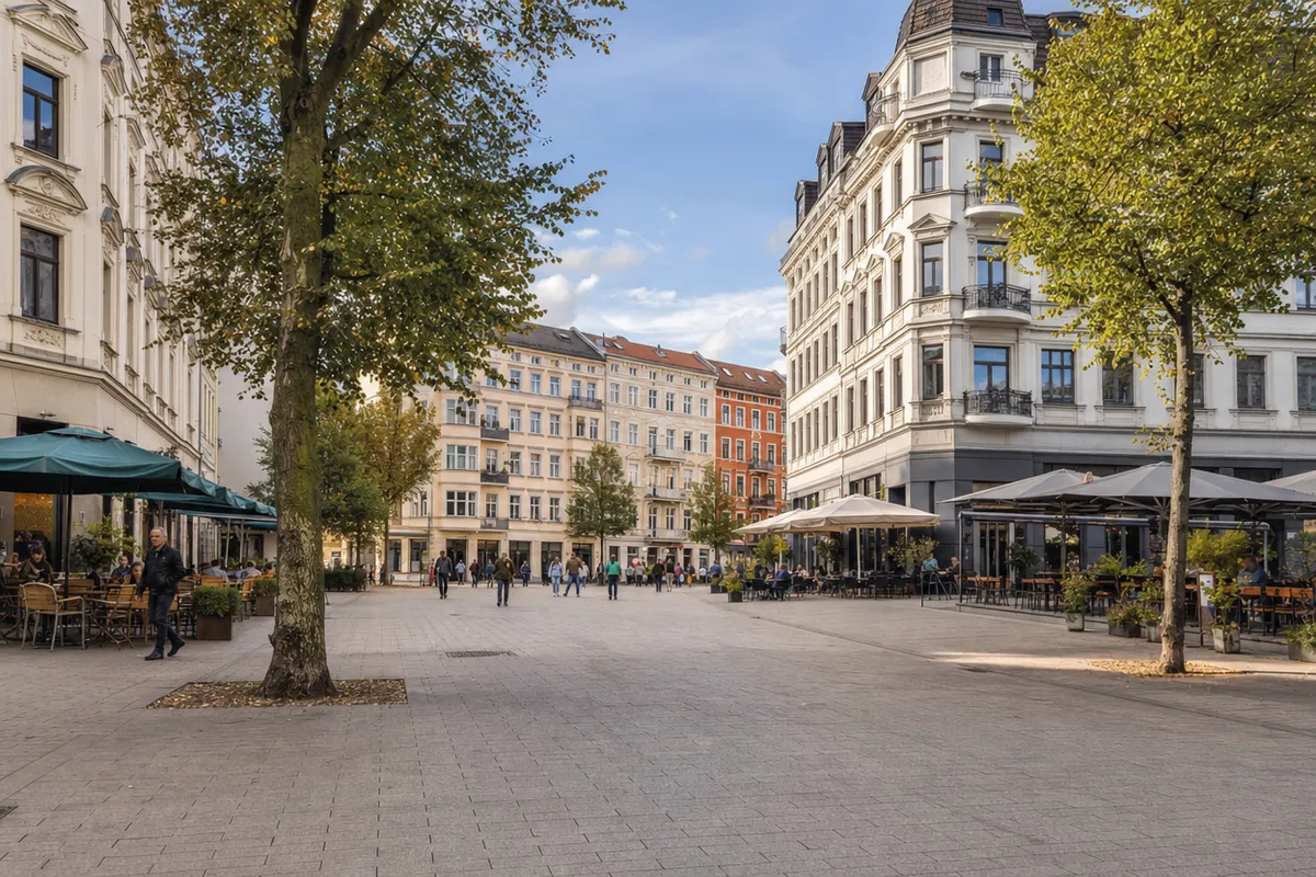 Gründerzeitliche Blockbebauung an einem Platz mit Gastronomie, Geschäften, Büros und Wohnungen in denselben Häusern, wie am Hasselbachplatz in Magdeburg