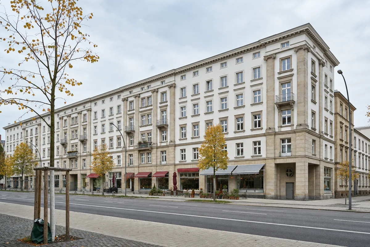 Fünfgeschossiger Großbau des Wiederaufbaus im sogenannten Zuckerbäckerstil an einer breiten Magistrale, wie entlang der Ernst-Reuter-Allee in Magdeburg