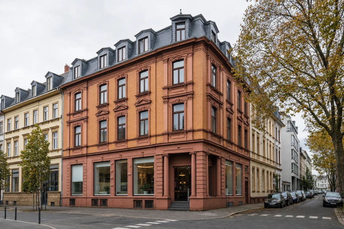 Gründerzeitliches Wohn- und Geschäftshaus mit Backsteinfassade, Sandsteingliederung, Mansarddach und Laden im Erdgeschoss in der Mainzer Neustadt